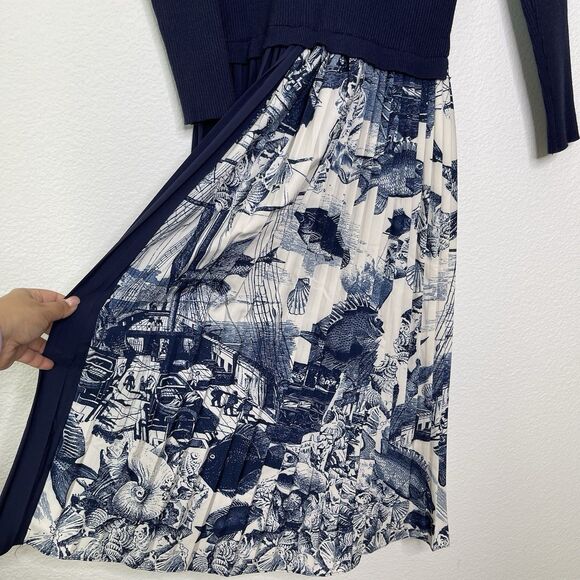 Dalia Macphee Dress Medium Midi Rib Sweater Nautical Spode Italy Print Pleated - Picture 6 of 10